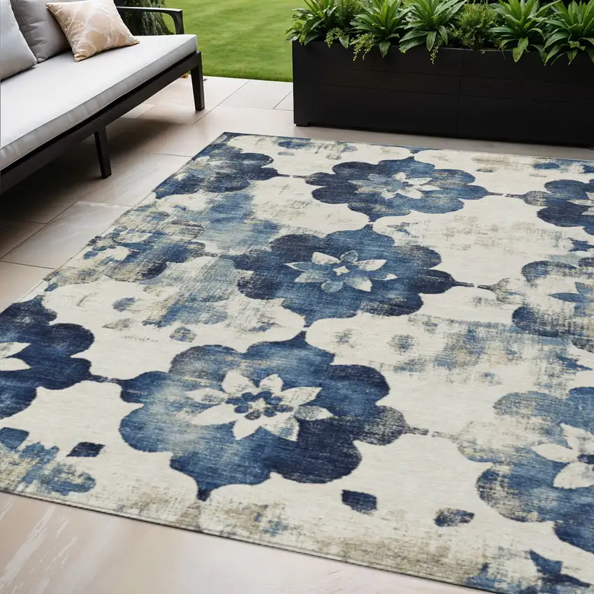 Navy Blue And Ivory Floral Washable Indoor Outdoor Area Rug Photo 2