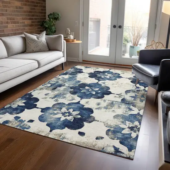 Navy Blue And Ivory Floral Washable Indoor Outdoor Area Rug Photo 5