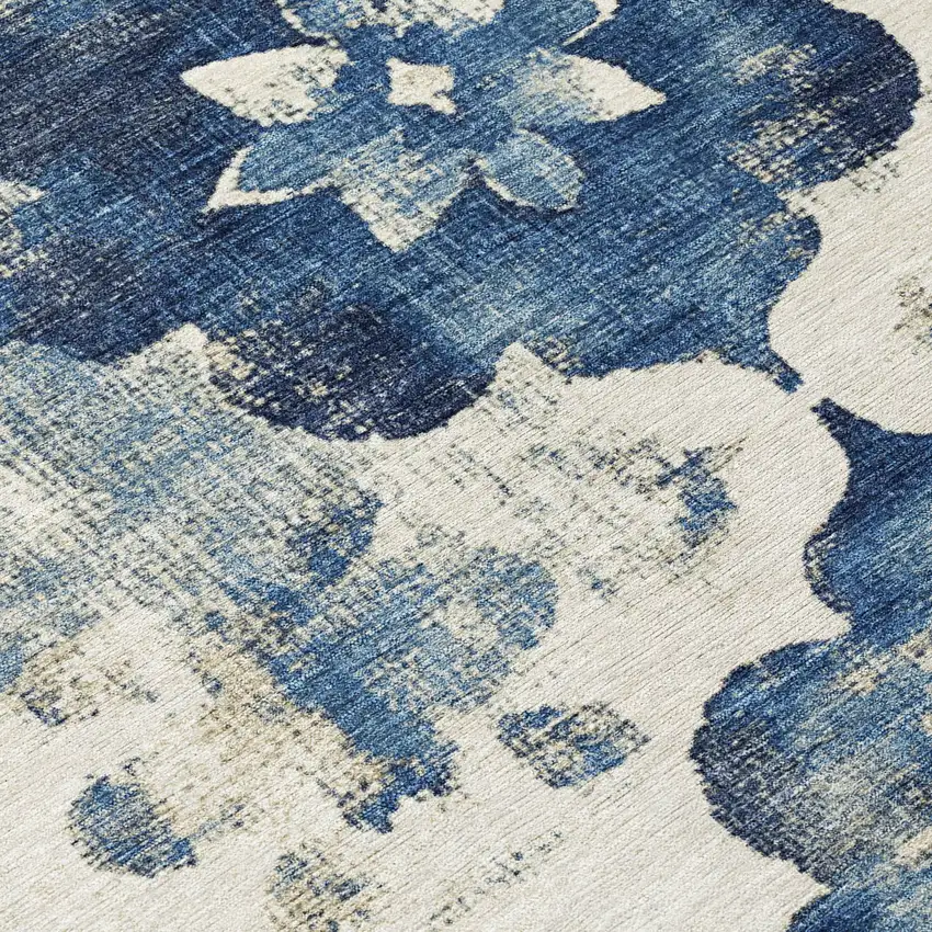Navy Blue And Ivory Floral Washable Indoor Outdoor Area Rug Photo 8
