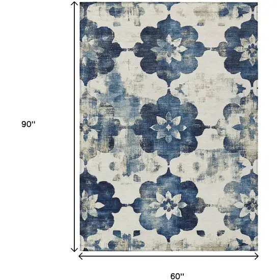 Navy Blue And Ivory Floral Washable Indoor Outdoor Area Rug Photo 9