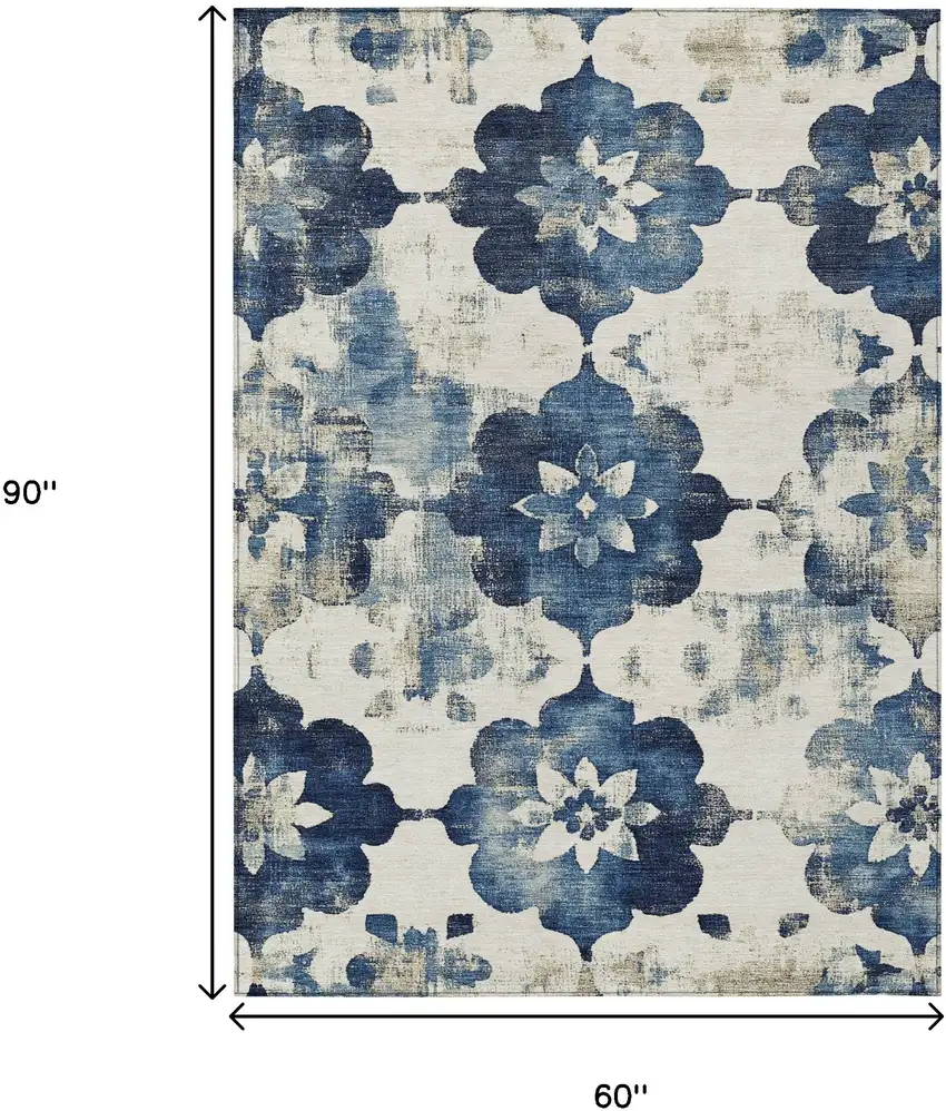 Navy Blue And Ivory Floral Washable Indoor Outdoor Area Rug Photo 9