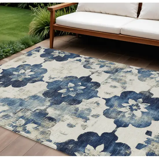 Navy Blue And Ivory Floral Washable Indoor Outdoor Area Rug Photo 2