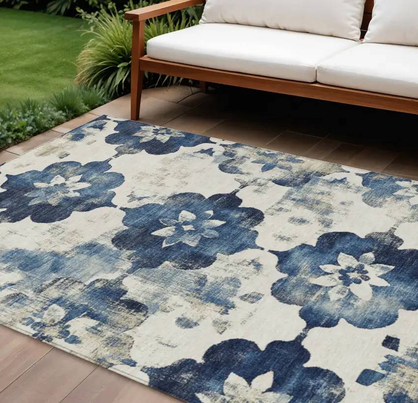 Navy Blue And Ivory Floral Washable Indoor Outdoor Area Rug Photo 2