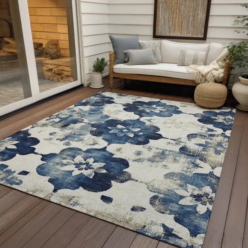 Navy Blue And Ivory Floral Washable Indoor Outdoor Area Rug Photo 4