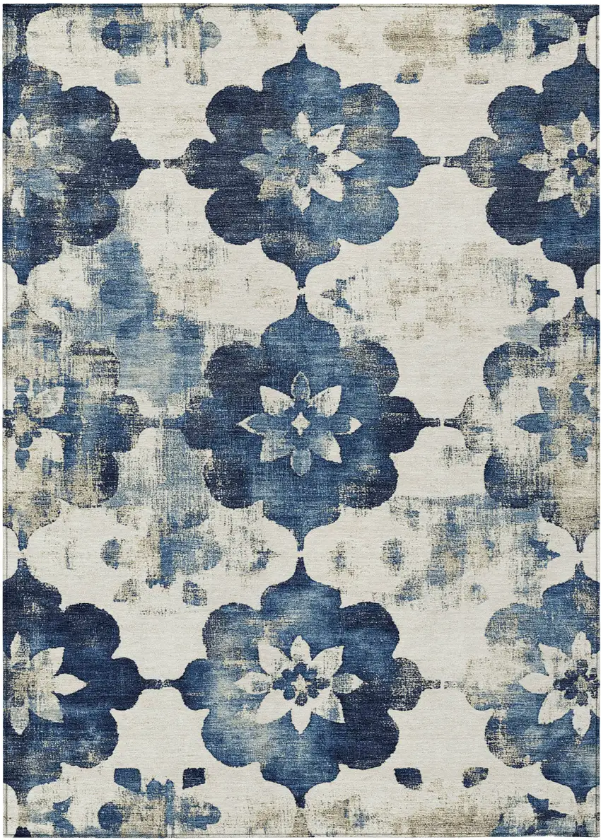 Navy Blue And Ivory Floral Washable Indoor Outdoor Area Rug Photo 8