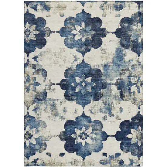 Navy Blue And Ivory Floral Washable Indoor Outdoor Area Rug Photo 1