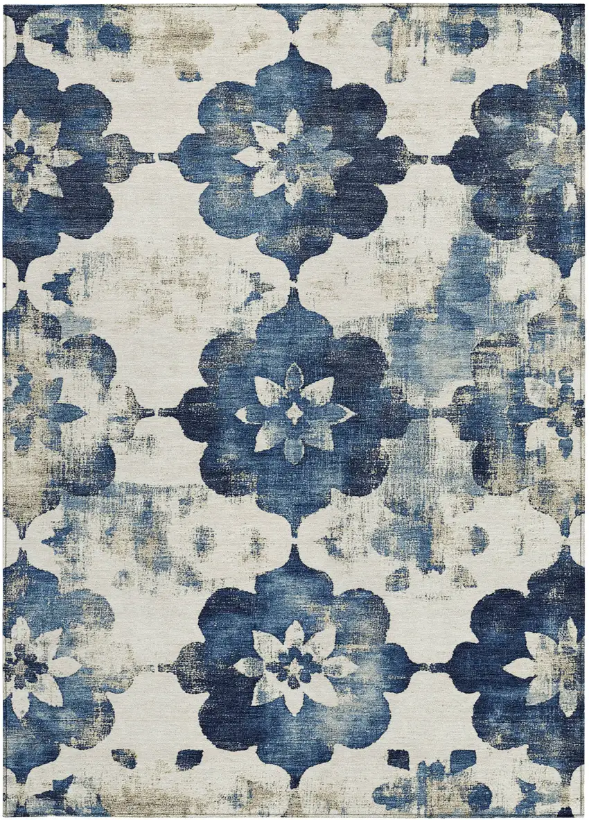 Navy Blue And Ivory Floral Washable Indoor Outdoor Area Rug Photo 1
