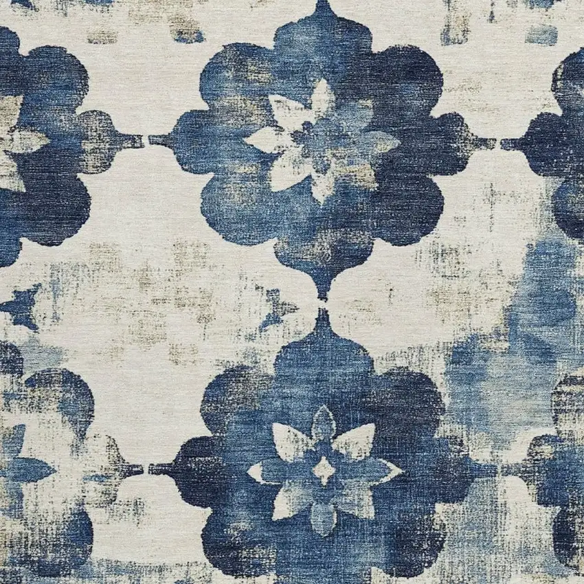 Navy Blue And Ivory Floral Washable Indoor Outdoor Area Rug Photo 3