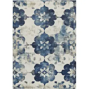 Photo of Navy Blue And Ivory Floral Washable Indoor Outdoor Area Rug