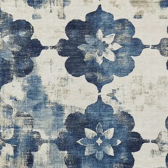 Navy Blue And Ivory Floral Washable Indoor Outdoor Area Rug Photo 3