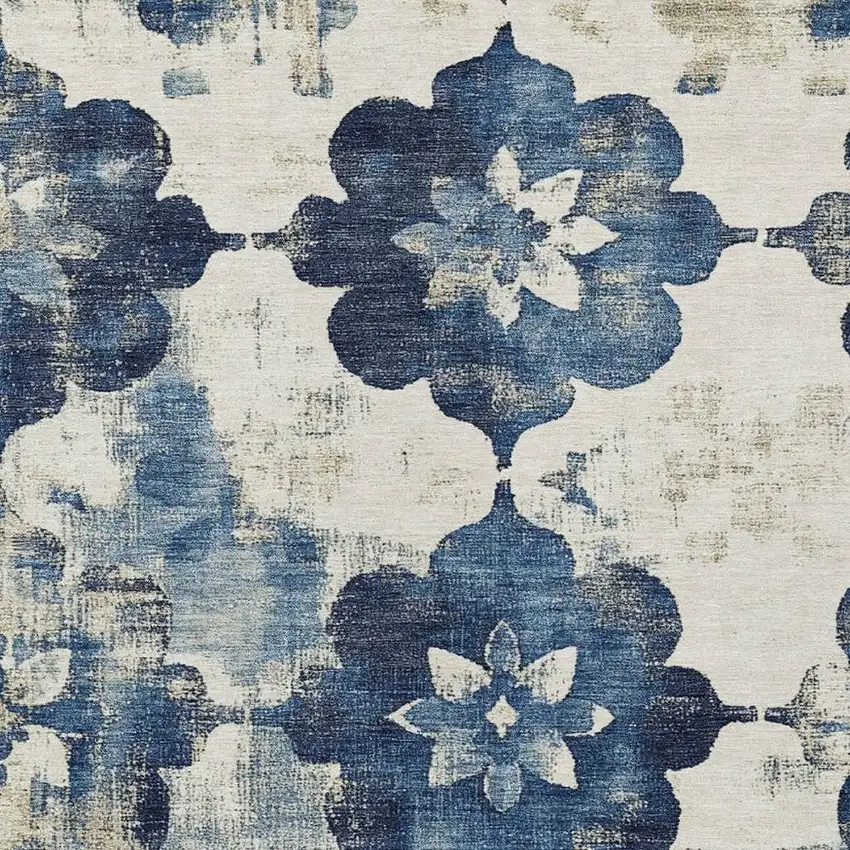 Navy Blue And Ivory Floral Washable Indoor Outdoor Area Rug Photo 3
