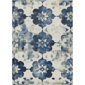 Photo of Navy Blue And Ivory Floral Washable Indoor Outdoor Area Rug
