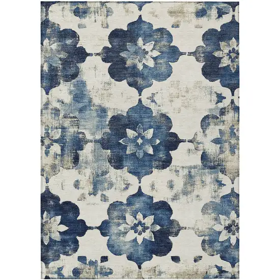 Navy Blue And Ivory Floral Washable Indoor Outdoor Area Rug Photo 1