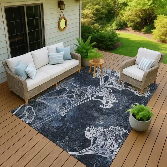 Navy Blue And Ivory Floral Washable Indoor Outdoor Area Rug Photo 7
