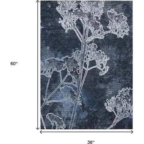 Navy Blue And Ivory Floral Washable Indoor Outdoor Area Rug Photo 3