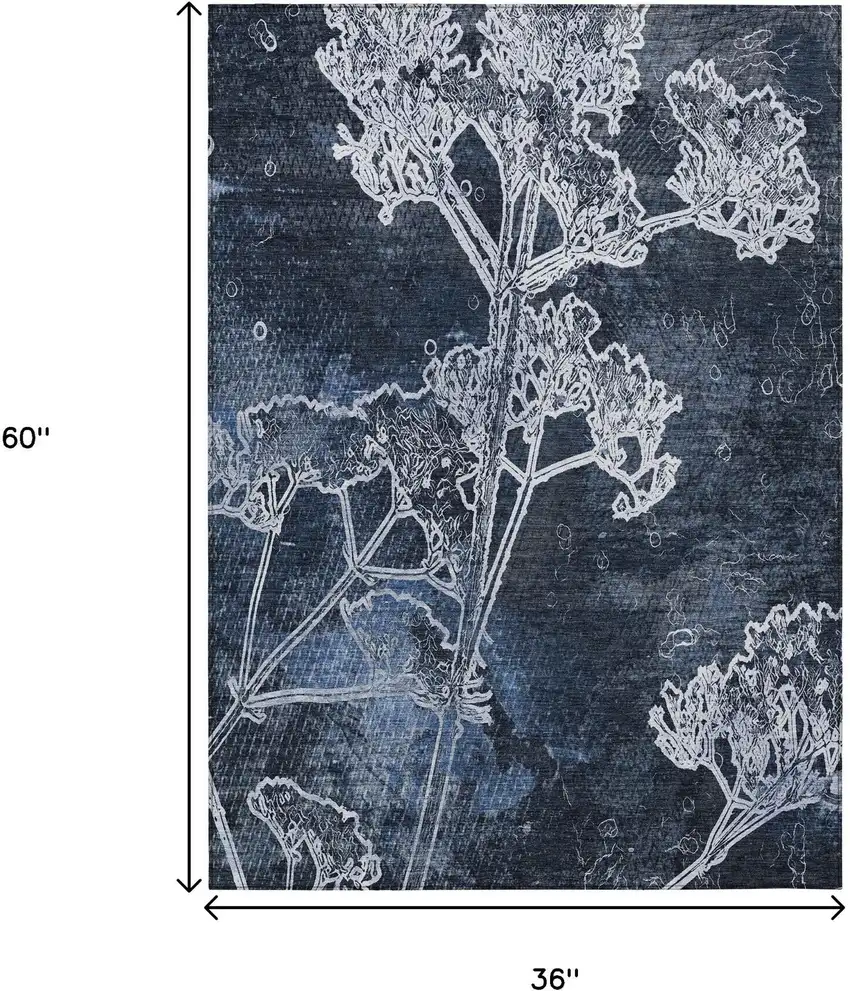 Navy Blue And Ivory Floral Washable Indoor Outdoor Area Rug Photo 3