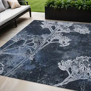 Photo of Navy Blue And Ivory Floral Washable Indoor Outdoor Area Rug