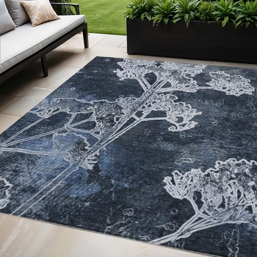 Navy Blue And Ivory Floral Washable Indoor Outdoor Area Rug Photo 1