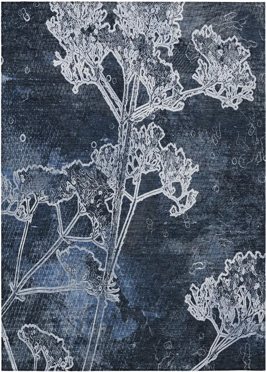 Navy Blue And Ivory Floral Washable Indoor Outdoor Area Rug Photo 2