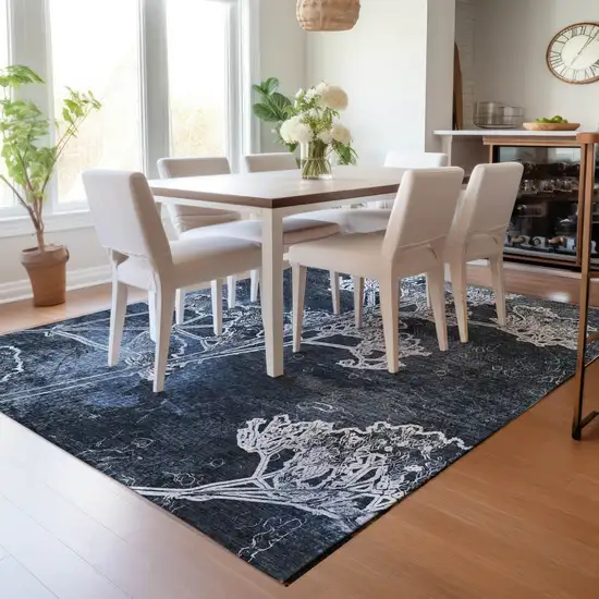 Navy Blue And Ivory Floral Washable Indoor Outdoor Area Rug Photo 9