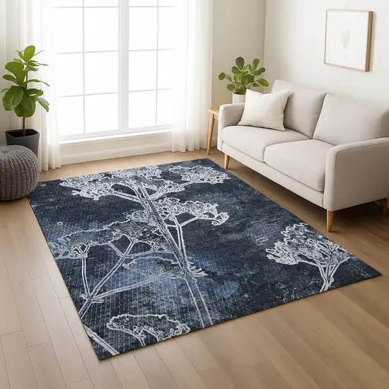 Navy Blue And Ivory Floral Washable Indoor Outdoor Area Rug Photo 7