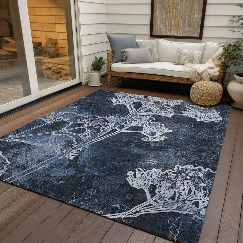 Navy Blue And Ivory Floral Washable Indoor Outdoor Area Rug Photo 9