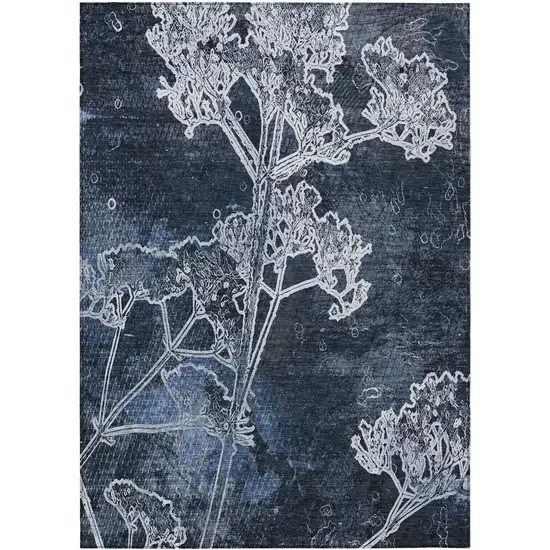 Navy Blue And Ivory Floral Washable Indoor Outdoor Area Rug Photo 2
