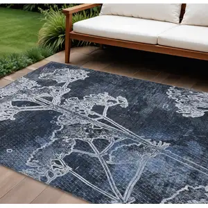 Photo of Navy Blue And Ivory Floral Washable Indoor Outdoor Area Rug