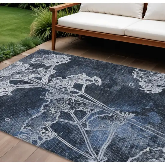 Navy Blue And Ivory Floral Washable Indoor Outdoor Area Rug Photo 1