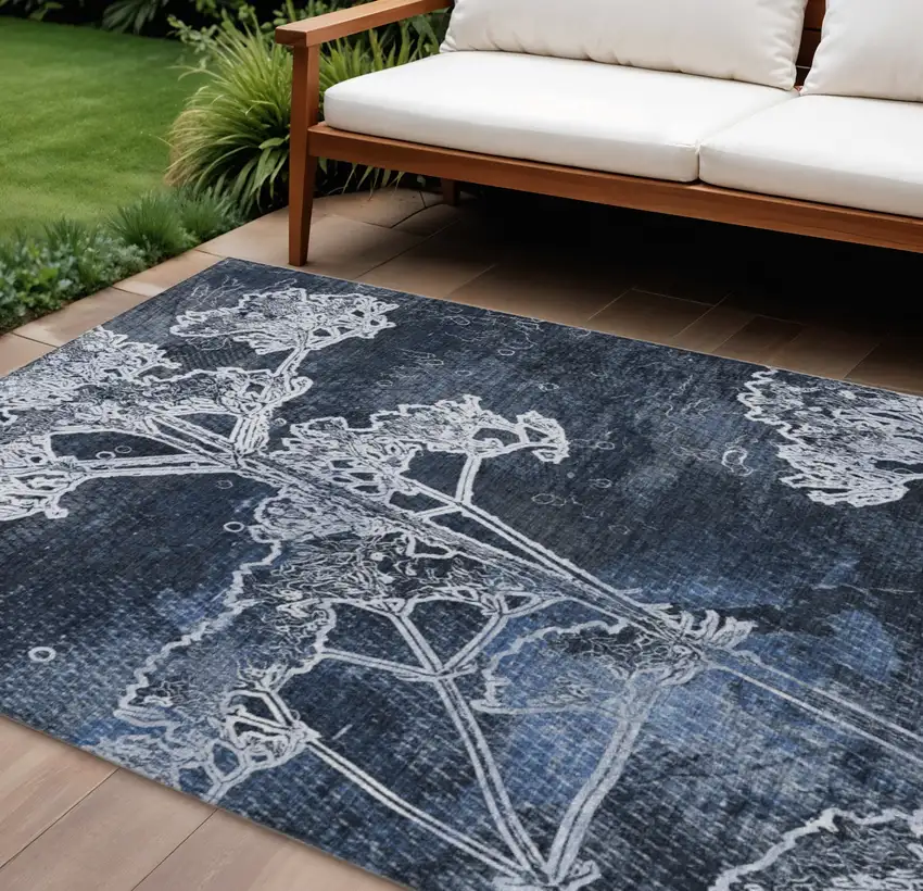Navy Blue And Ivory Floral Washable Indoor Outdoor Area Rug Photo 1
