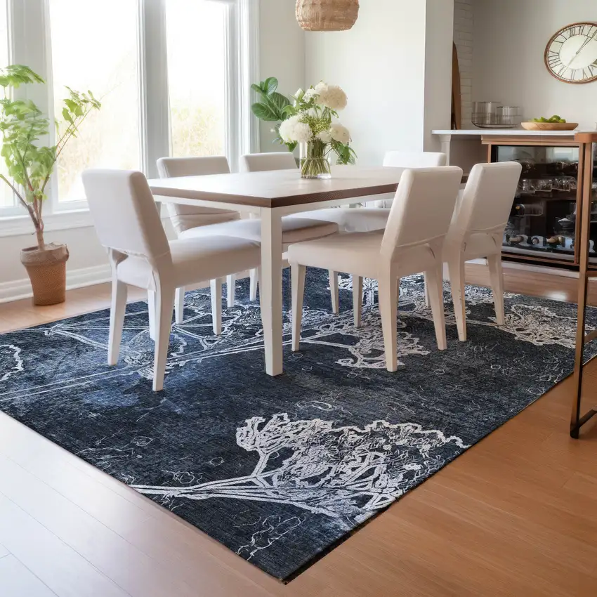 Navy Blue And Ivory Floral Washable Indoor Outdoor Area Rug Photo 8