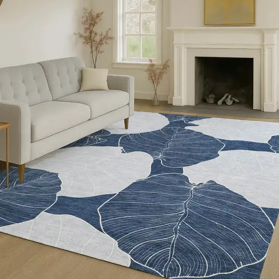 Navy Blue And Ivory Floral Washable Indoor Outdoor Area Rug Photo 6