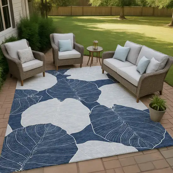 Navy Blue And Ivory Floral Washable Indoor Outdoor Area Rug Photo 4