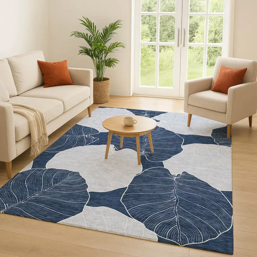 Navy Blue And Ivory Floral Washable Indoor Outdoor Area Rug Photo 5