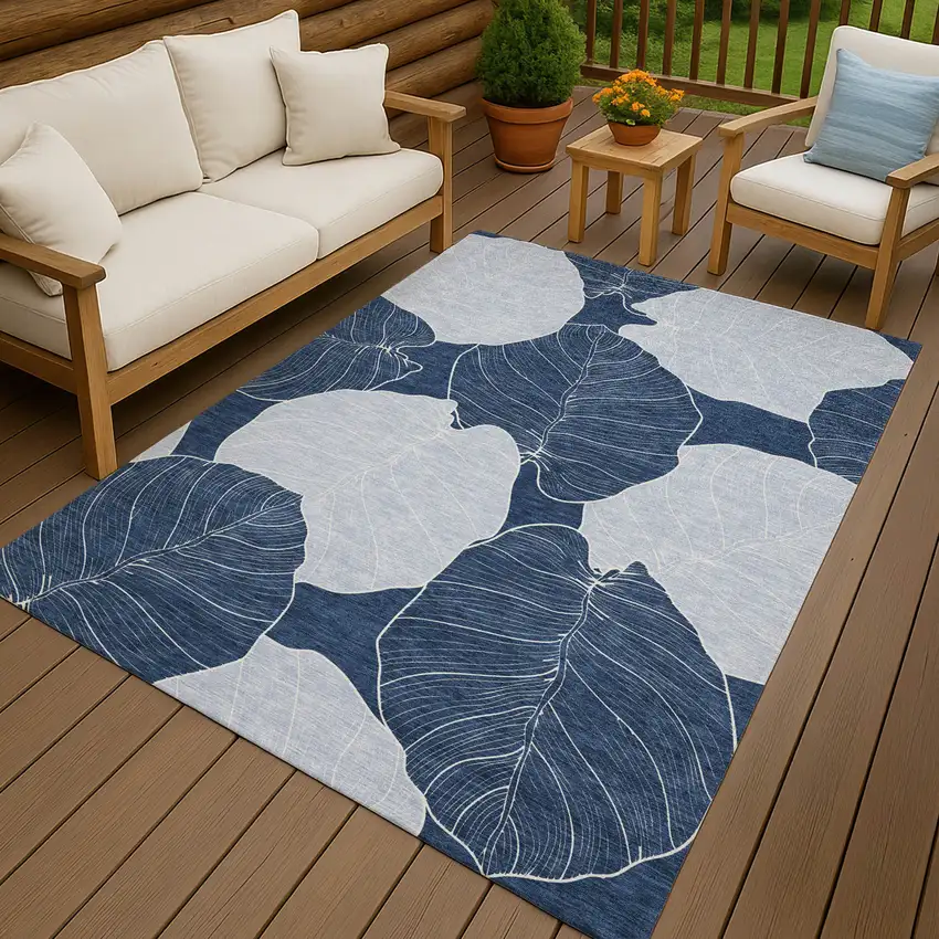 Navy Blue And Ivory Floral Washable Indoor Outdoor Area Rug Photo 7