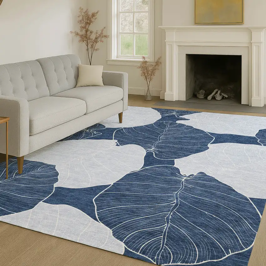 Navy Blue And Ivory Floral Washable Indoor Outdoor Area Rug Photo 6