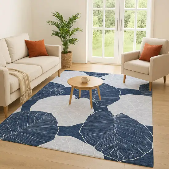 Navy Blue And Ivory Floral Washable Indoor Outdoor Area Rug Photo 5