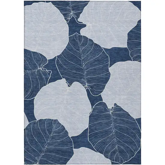 Navy Blue And Ivory Floral Washable Indoor Outdoor Area Rug Photo 1