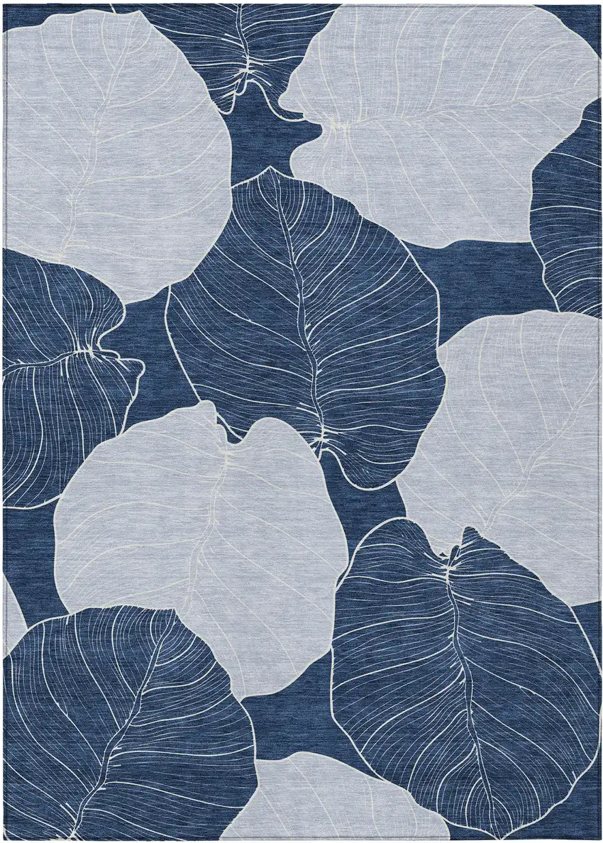 Navy Blue And Ivory Floral Washable Indoor Outdoor Area Rug Photo 1