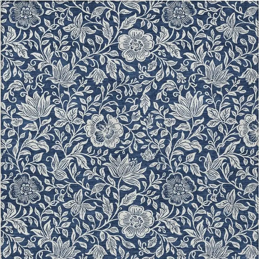 Navy Blue And Ivory Floral Washable Indoor Outdoor Area Rug Photo 3