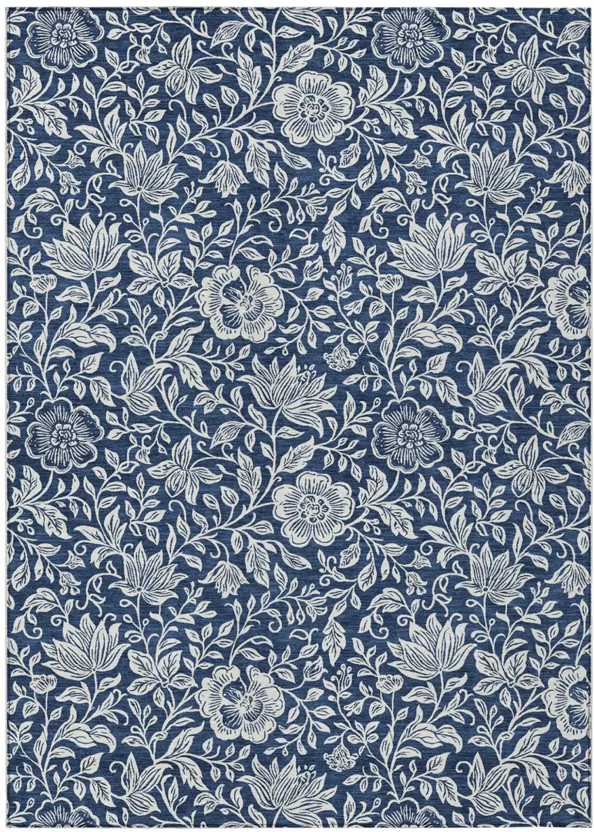 Navy Blue And Ivory Floral Washable Indoor Outdoor Area Rug Photo 1