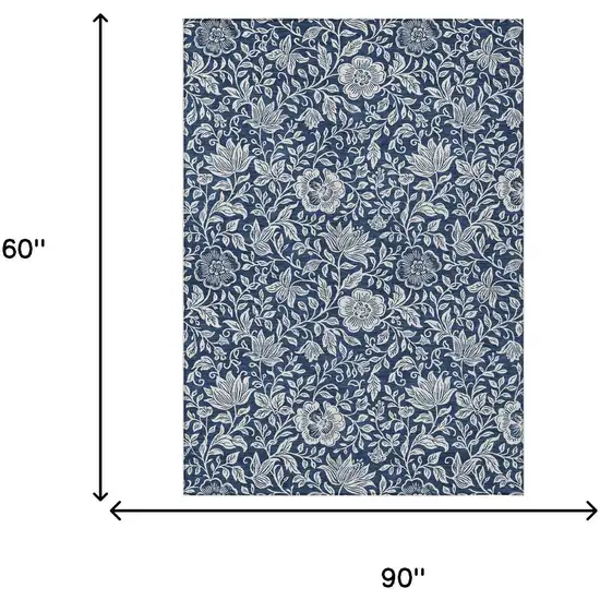 Navy Blue And Ivory Floral Washable Indoor Outdoor Area Rug Photo 6