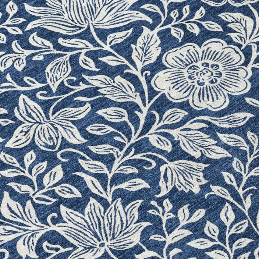Navy Blue And Ivory Floral Washable Indoor Outdoor Area Rug Photo 5