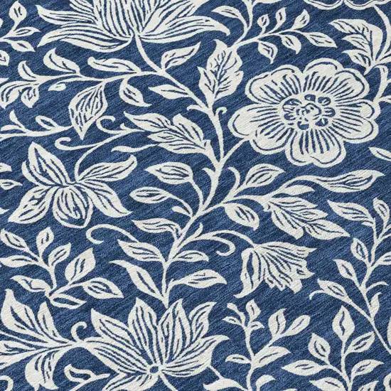 Navy Blue And Ivory Floral Washable Indoor Outdoor Area Rug Photo 5