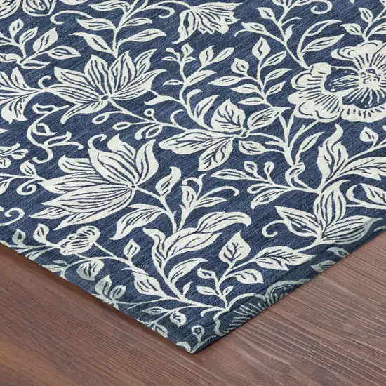 Navy Blue And Ivory Floral Washable Indoor Outdoor Area Rug Photo 4
