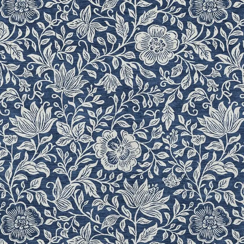 Navy Blue And Ivory Floral Washable Indoor Outdoor Area Rug Photo 2