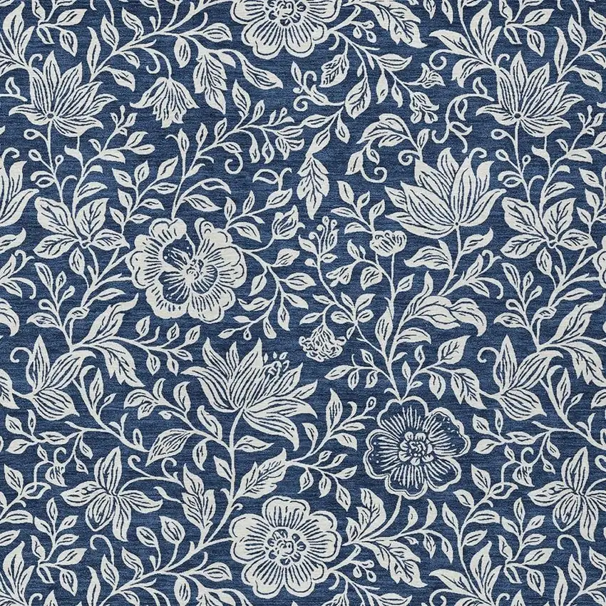 Navy Blue And Ivory Floral Washable Indoor Outdoor Area Rug Photo 2