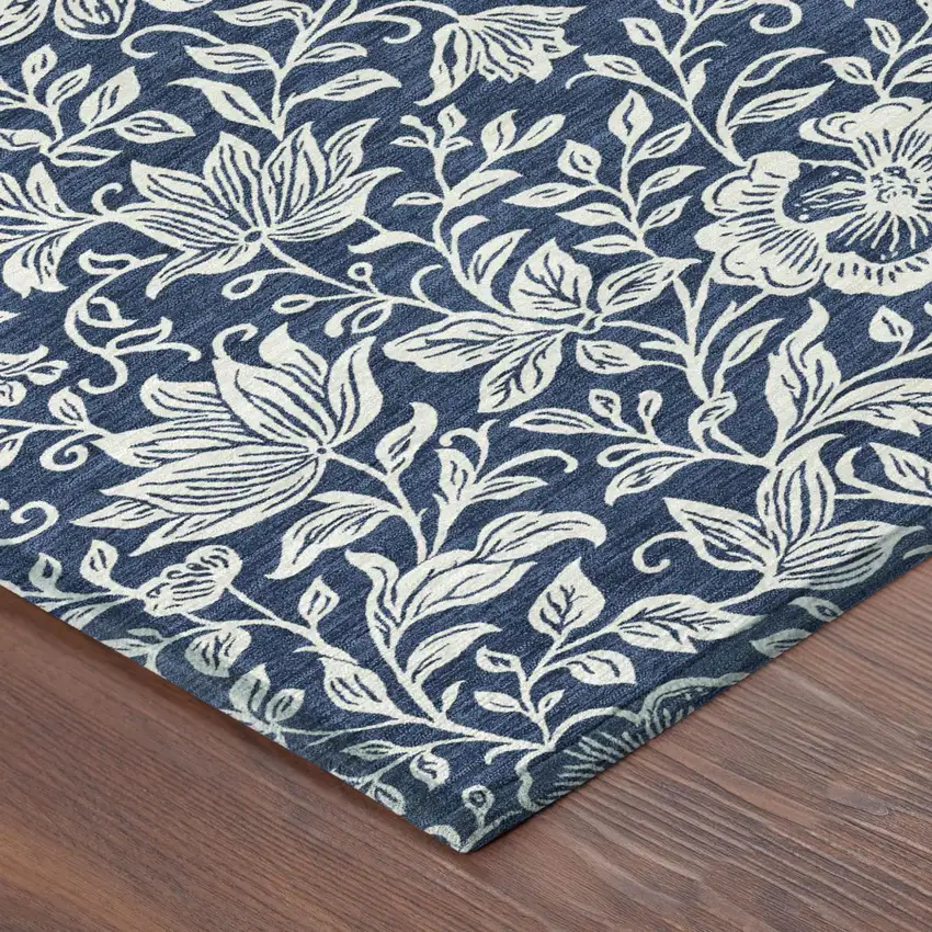 Navy Blue And Ivory Floral Washable Indoor Outdoor Area Rug Photo 4