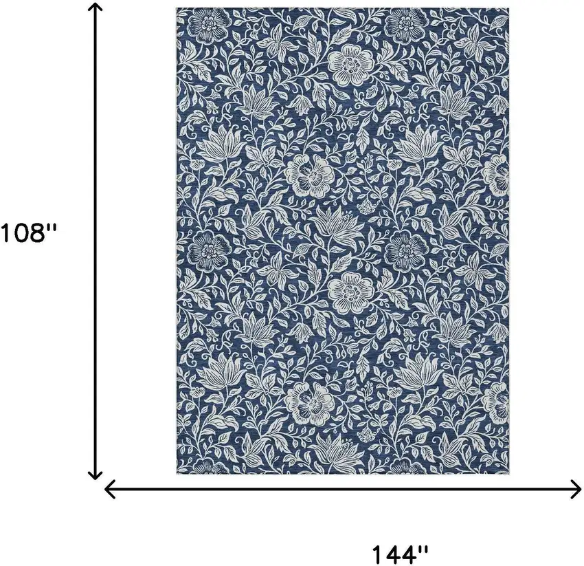 Navy Blue And Ivory Floral Washable Indoor Outdoor Area Rug Photo 6