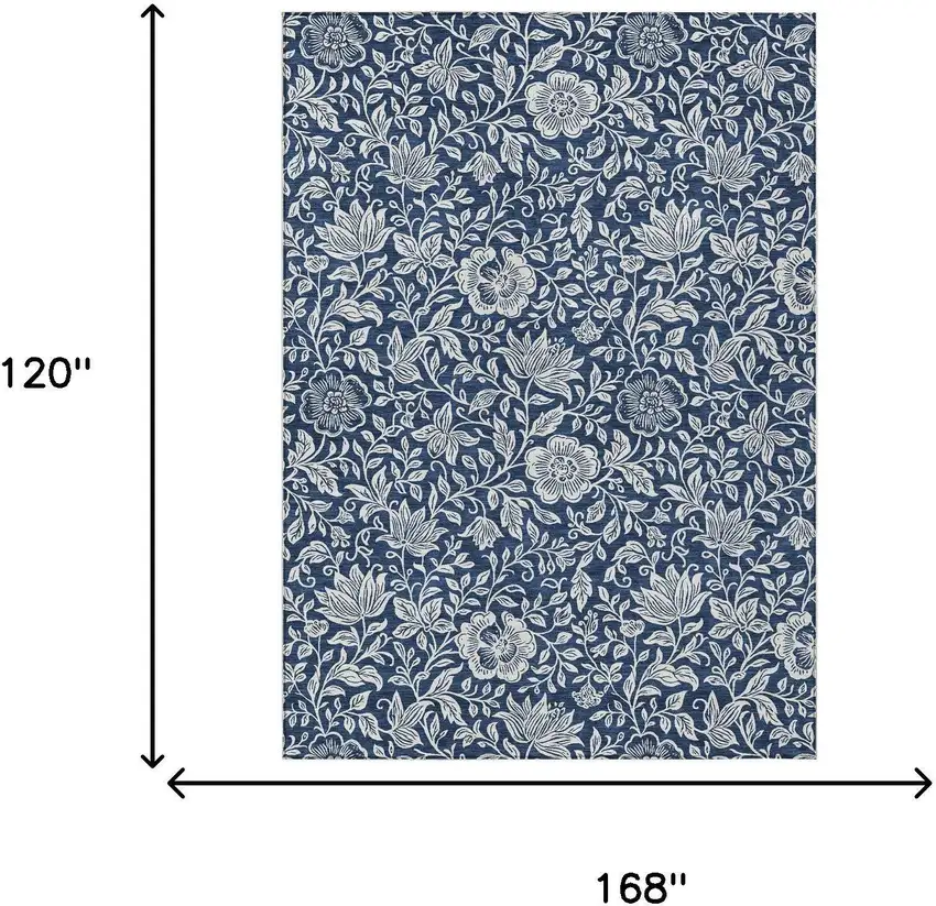 Navy Blue And Ivory Floral Washable Indoor Outdoor Area Rug Photo 6